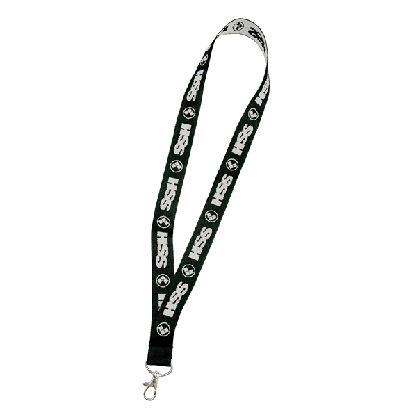 black lanyard with white HSS logos and clip attached on white background