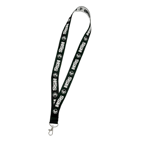 black lanyard with white HSS logos and clip attached on white background