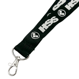 black lanyard with white HSS logos and clip attached on white background