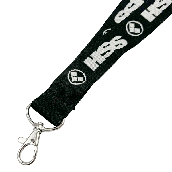 black lanyard with white HSS logos and clip attached on white background