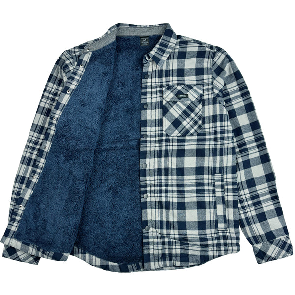 Blue and white plaid shirt with sherpa lining on a white background