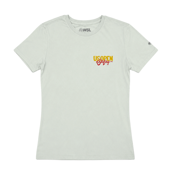 Women's light seafoam T-shirt shown from the front with a colorful 2026 US Open of Surfing script on the chest