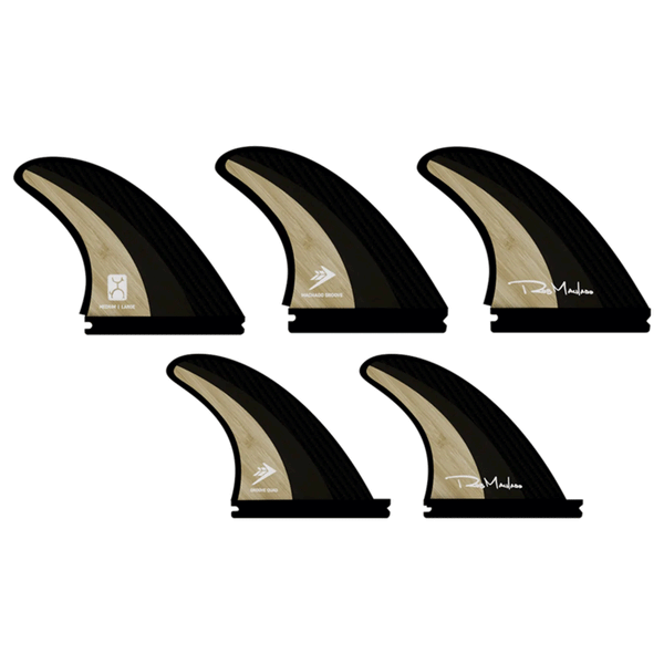 5 black and tan surf fins with "firewire" and "rob machado" branding