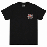 Black t-shirt with a red and white logo on the chest against a white background