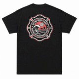Black t-shirt with a red and white logo on the back against a white background