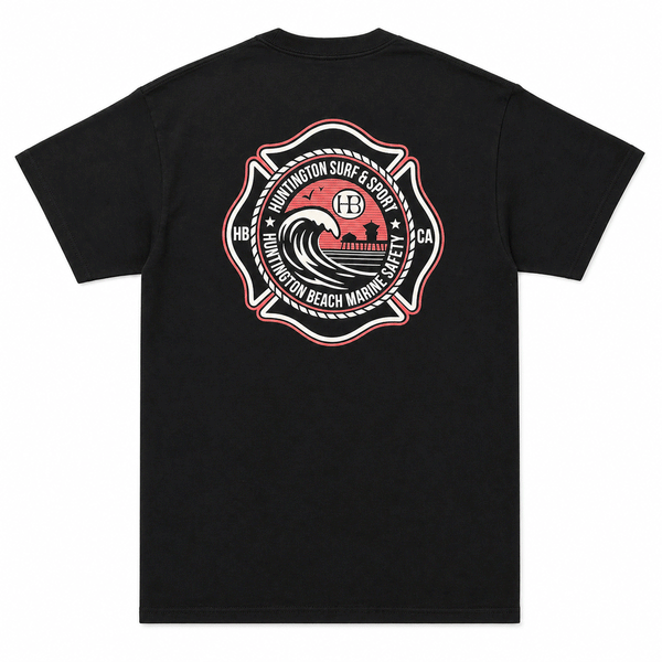 Black t-shirt with a red and white logo on the back against a white background