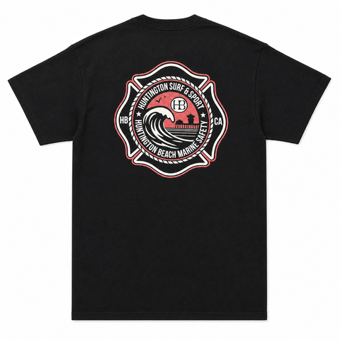 Black t-shirt with a red and white logo on the back against a white background