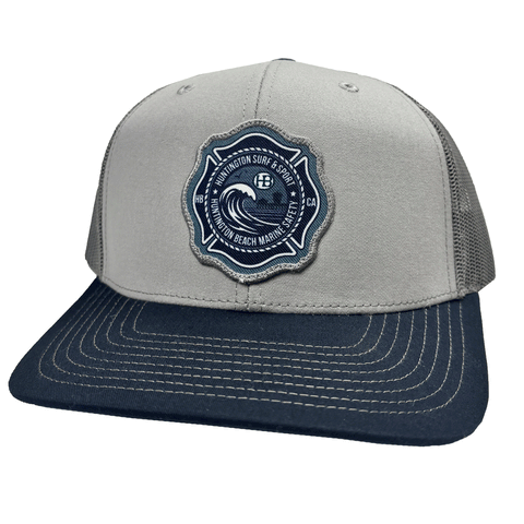 grey and blue marine safety trucker hat on a white background