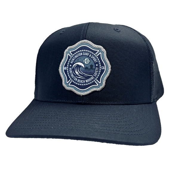 blue marine safety trucker hat on a white background