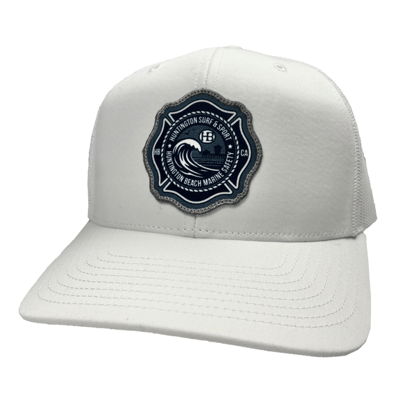 white marine safety trucker hat on a white background