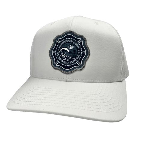 white marine safety trucker hat on a white background