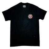 Black t-shirt with a small logo on the chest against a white background