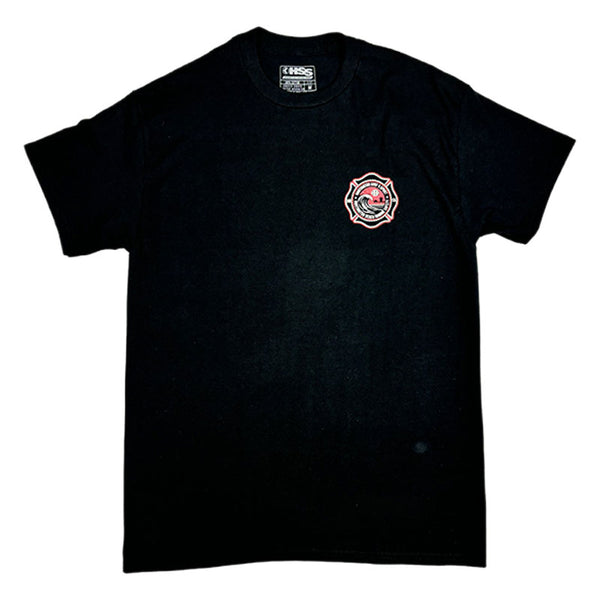 Black t-shirt with a small logo on the chest against a white background