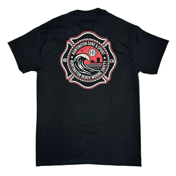 Black t-shirt with a red and white logo on the back against a white background