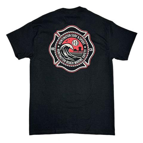 Black t-shirt with a red and white logo on the back against a white background