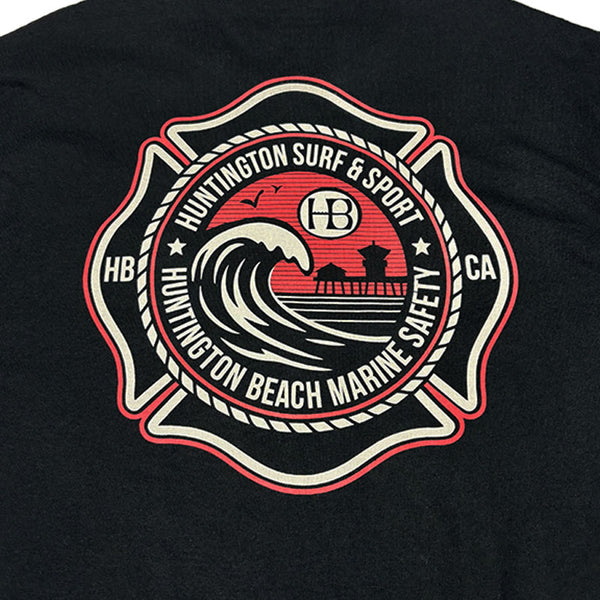 Black t-shirt with a red and white logo featuring a wave and text on a black background