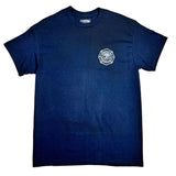 Blue t-shirt with a logo on the chest against a white background