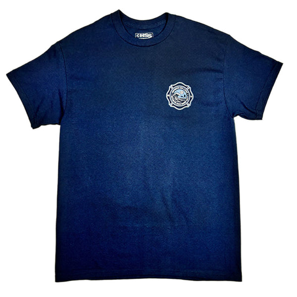 Blue t-shirt with a logo on the chest against a white background