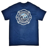 Blue t-shirt with a white logo on the back against a white background