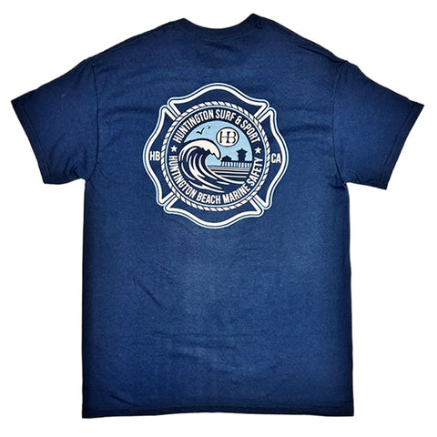 Blue t-shirt with a white logo on the back against a white background