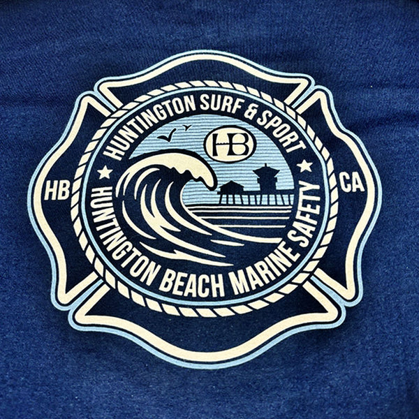 Logo of Huntington Surf & Sport on a blue background