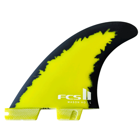 yellow and black surf fin with "fcs" and "mason ho" branding