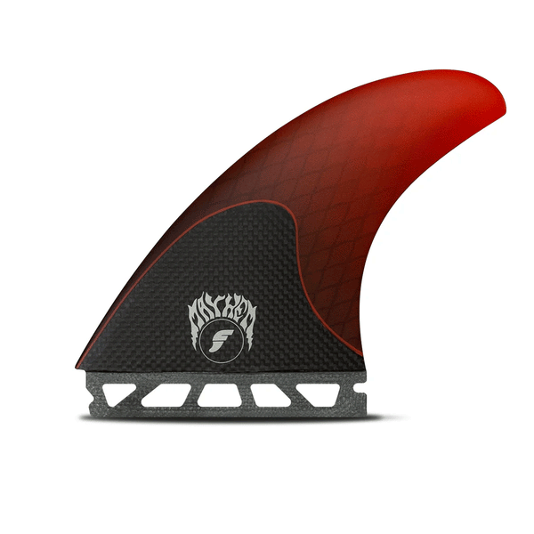 black and red surf fin with "mayhem" branding