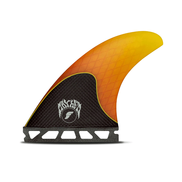 black and orange surf fin with "futures" and "mayhem" branding