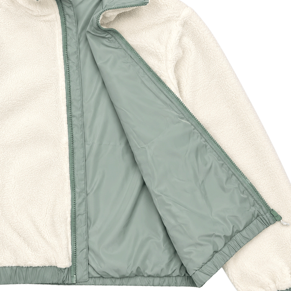 green and beige zip up fleece jacket with zipper open