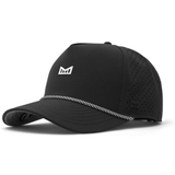 black snap back hat with small white logo and hat rope

