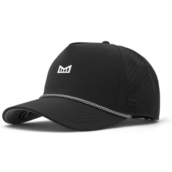 black snap back hat with small white logo and hat rope
