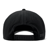 back of black snap back hat that has a mesh back