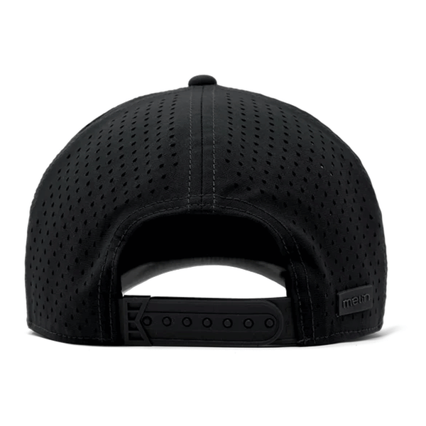 back of black snap back hat that has a mesh back