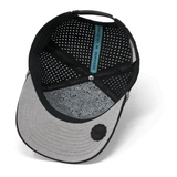 view of bottom of hat with grey bill and mesh backing