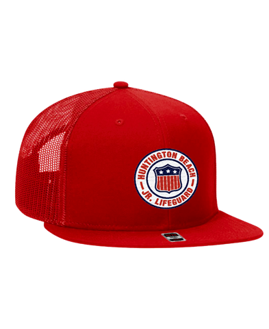 Red trucker hat with a logo on a white background