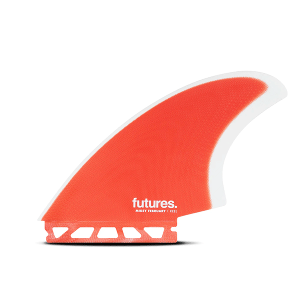 orange and white surf fin with "futures" and "mikey february" branding
