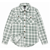 green and white button down flannel with 2 chest pockets