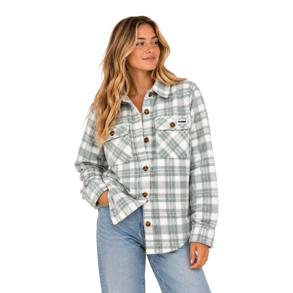person wearing green and white button down flannel with 2 chest pockets