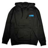 black hooded sweatshirt with blue logo on chest