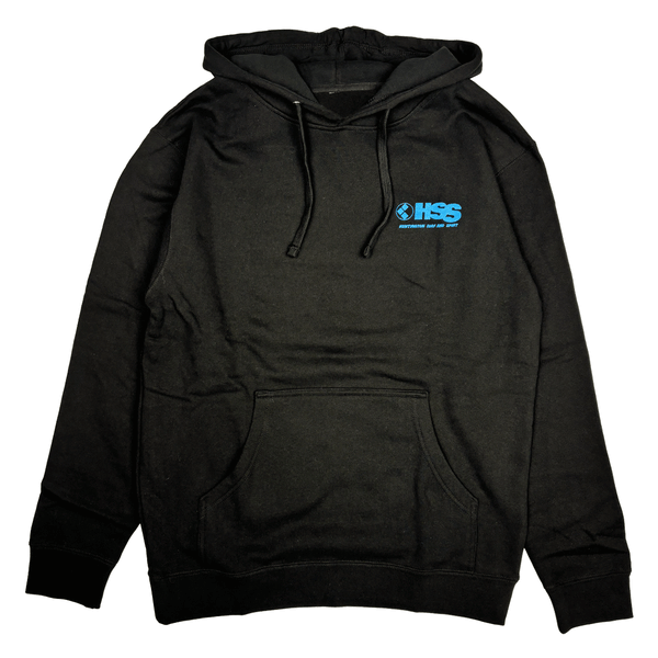black hooded sweatshirt with blue logo on chest