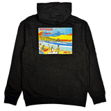 black hooded sweatshirt with drawing of a pier