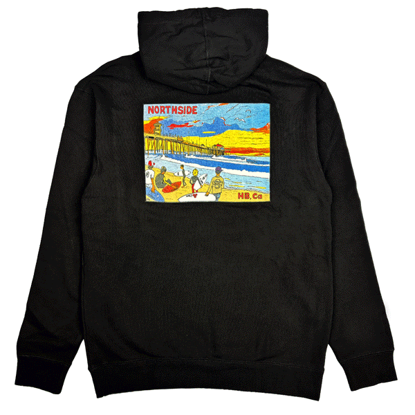 black hooded sweatshirt with drawing of a pier