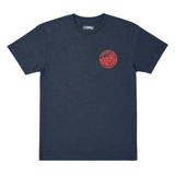 front of navy Huntington Beach Lifeguard men's T-shirt with small red lifeguard emblem graphic.