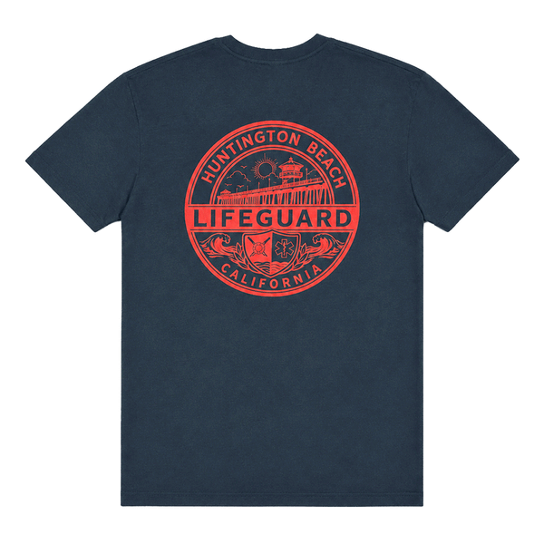Back of navy Huntington Beach Lifeguard men's T-shirt with large red lifeguard emblem graphic.