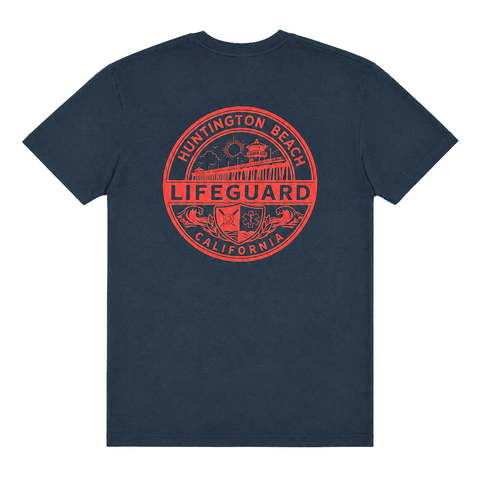 Back of navy Huntington Beach Lifeguard men's T-shirt with large red lifeguard emblem graphic.