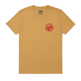 Front of tan Huntington Beach Lifeguard men's T-shirt with small red lifeguard emblem graphic.