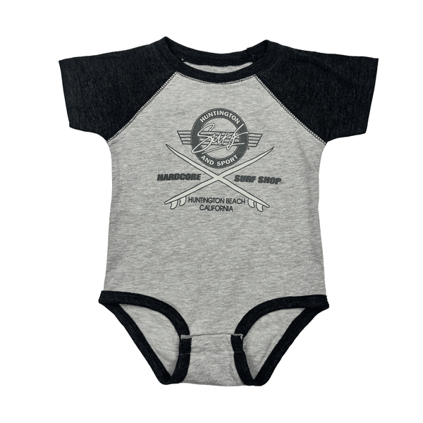 black and grey infant onesie with grey logo