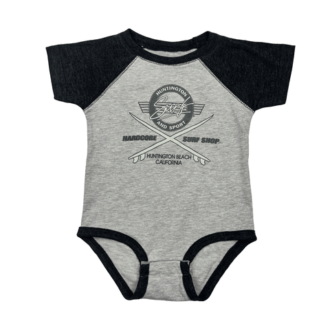 black and grey infant onesie with grey logo