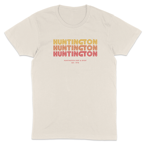 beige t shirt with huntington written 3 times