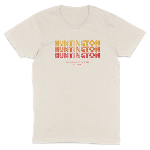 beige t shirt with huntington written 3 times